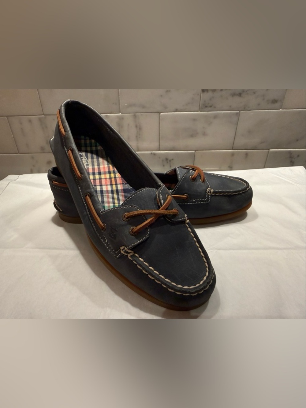 Sperry Navy Leather Boat Shoes with Brown Laces
